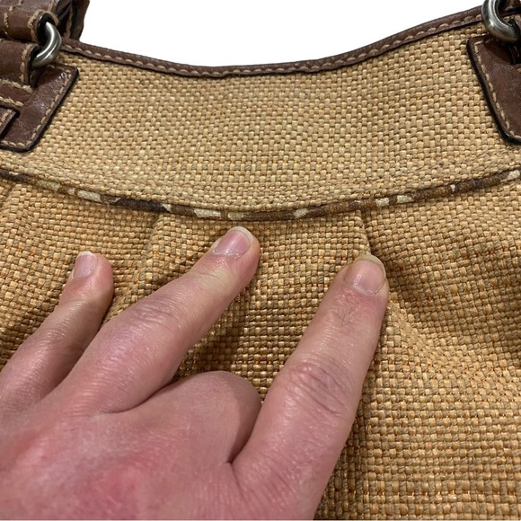 Fossil Straw Large Satchel Bag Floral Accent Leather Trim Magnetic Closure 13x17 - Picture 9 of 13